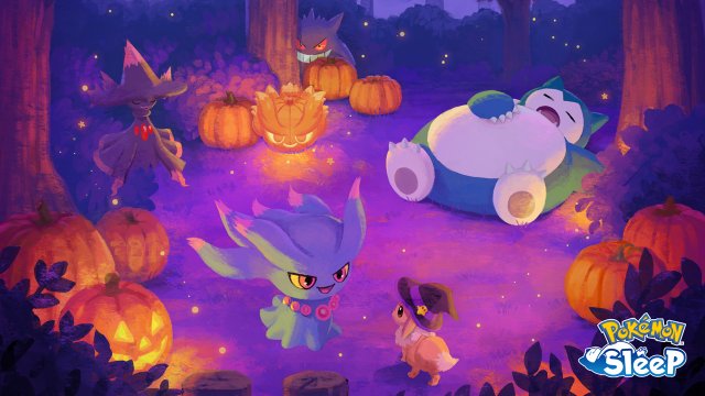 Pokémon Sleep Halloween artwork with Misdreavus, Mismagius, Snorlax and costumed Eevee