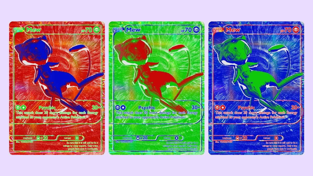 The red, green and blue Mew cards for Pokémon TCG Pocket shown together in full