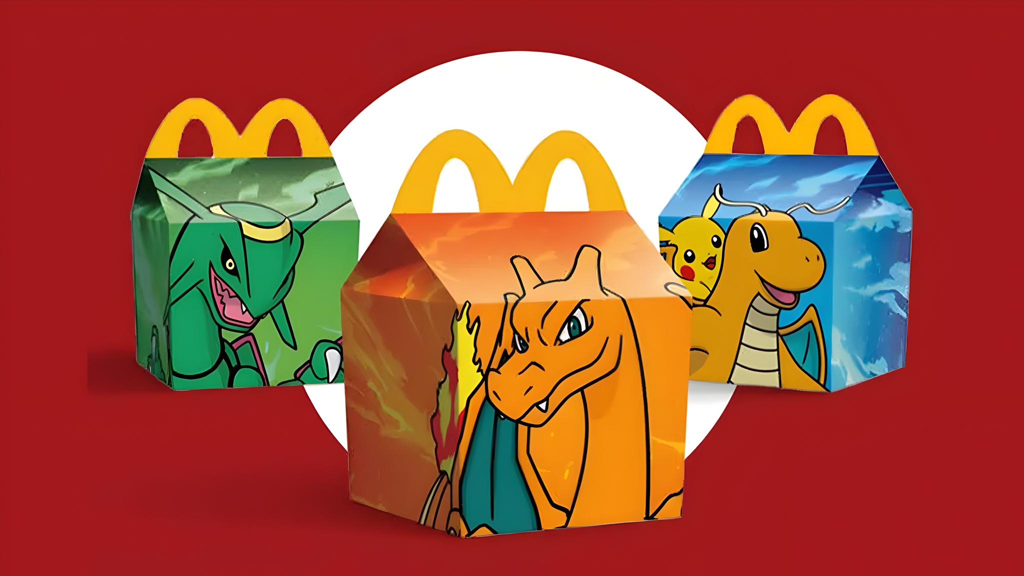 Illustrative Pokémon Happy Meal boxes featuring Rayquaza, Charizard, Dragonite and Pikachu on a red background