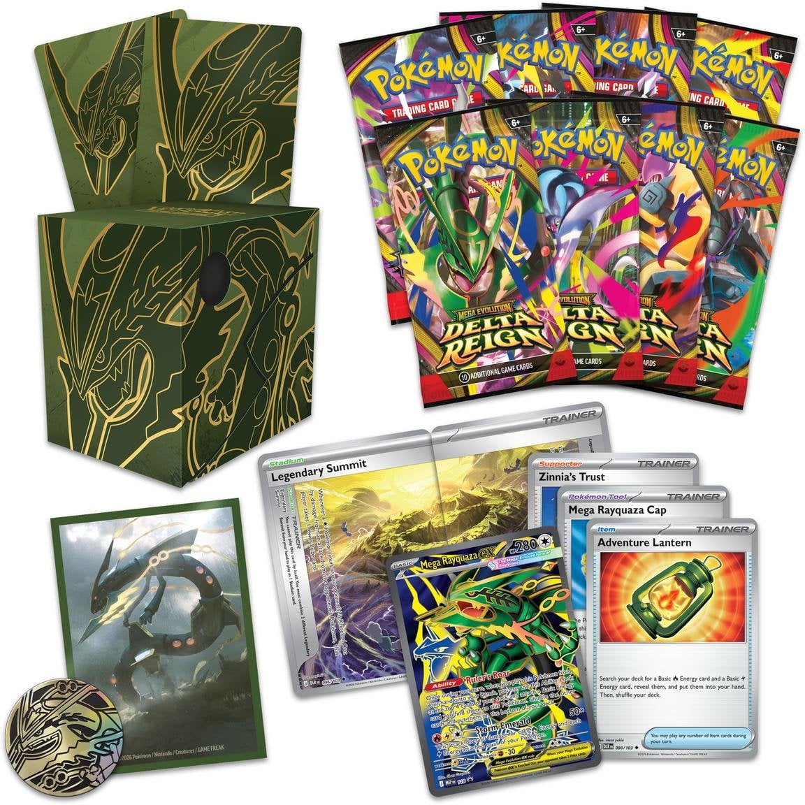 Mega Rayquaza ex collection contents, including promos, eight booster packs, sleeves, deck box and coin